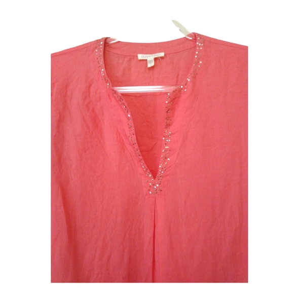 Eileen Fisher Womens Coral Pink 100% Irish Linen Sequin V-Neck Boho Tunic Top XS - Picture 9 of 16